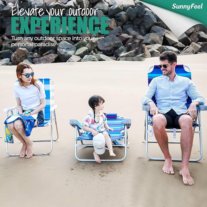 SUNNYFEEL Extra Wide Low Beach Chair 2 Pack 5 Position Lay, XL Oversized Portable Folding Camping Chairs with Cup Holder for Outdoor/Sand, Foldable Backpack Beach Chair for Adults Heavy Duty 500 LBS