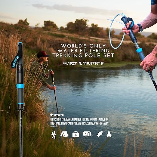 Trek Pole Water Filtration System Set – The Worlds First Trek/Hiking Pole & 2 Stage Water Purifier Removes Unwanted Particles - Ultralight Walking Stick with Water Filter