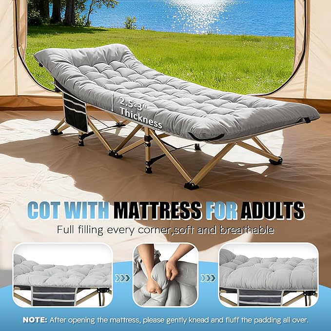 HABUTWAY Camping Cot, Portable Camping Cot for Adult, 28" Wide Sleeping Cot Max Load 600LBS with Thick Mattress and Carry Bag, Portable Camping Bed for Outdoor Camping/Office, Home Nap