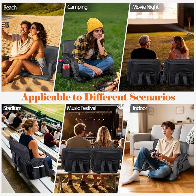 Wide Stadium Seat for Bleachers with Back Support -2 Pack Reclining Adults Camping Stadium Chair Extra Thick Cushion Bleacher Seats Waterproof Black