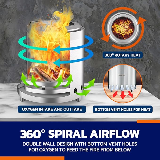 Wood Burning Fire Pit Stove - Smokeless Outdoor Stove for Wood Fires, Camping, Cooking, and Garden Gatherings, Durable, Stainless Steel with Removable Ash Pan, with Stand and Black Carry Bag