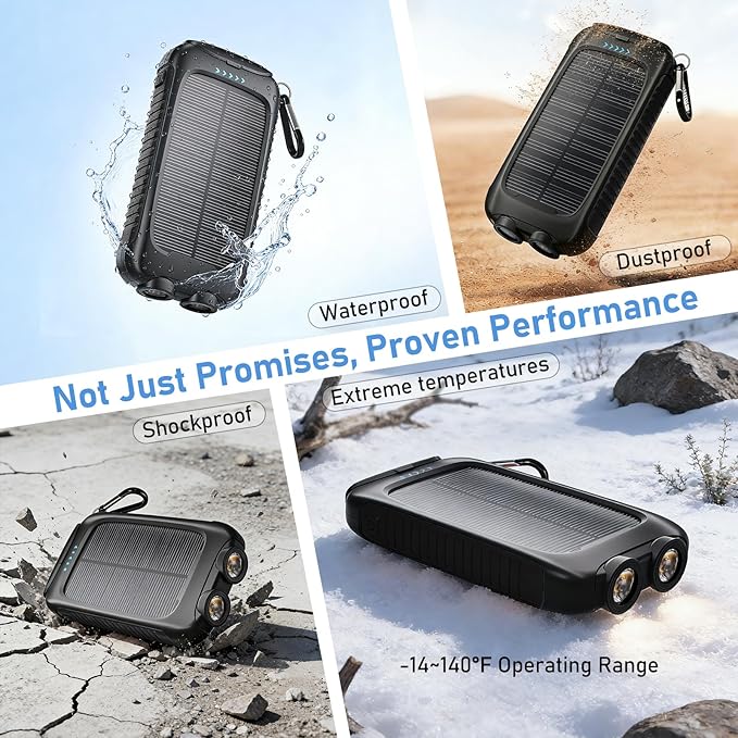 Portable Charger Solar Power Bank 8000mAh with USB-A and USB-C 5V/3A Output Port Black Battery Pack Compatible with iPhone, Samsung, Waterproof Emergency LED Flashlights Perfect for Camping, Hiking
