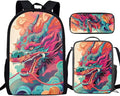 3PCS Colorful Dragon Backpack for Boys 17 Inch Large Capacity Bookbag and Lunch Box Set for Boys Cool Lightweight Teens School Bags 9-10 Years for Back to School Travel Rucksack