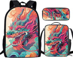 3PCS Colorful Dragon Backpack for Boys 17 Inch Large Capacity Bookbag and Lunch Box Set for Boys Cool Lightweight Teens School Bags 9-10 Years for Back to School Travel Rucksack