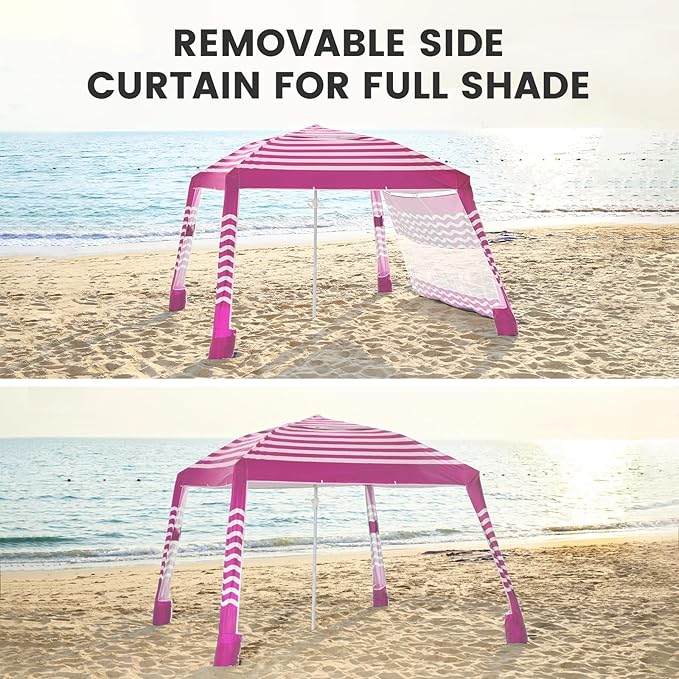 Zeraty Beach Cabana 8'×8', Portable Beach Canopy with Side Wall, Easy Pop Up UPF 50+ Silver-Coated Beach Tent Sun Shelter, Wind Resistant Adjustable Height Beach Umbrella Tent for Family, Pink