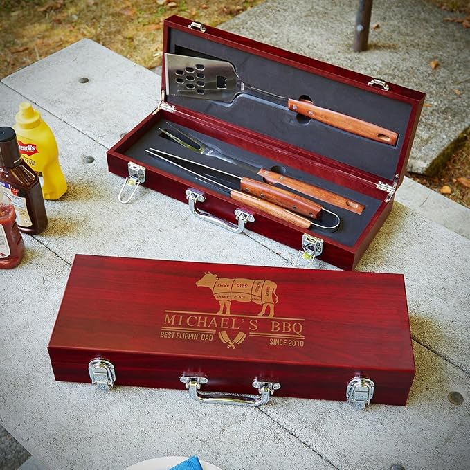 Personalized Outdoor Grill Accessories with Wood Box for Family Parties and Camping by HomeWetBar - Custom Barbecue Tools for Grilling