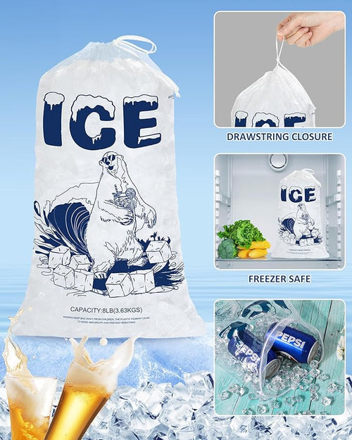 8lb Ice Bags with Drawstring – 50 Pack Heavy-Duty Reusable Plastic Ice Cube Bags for Freezer, Ice Storage, Camping, Coolers