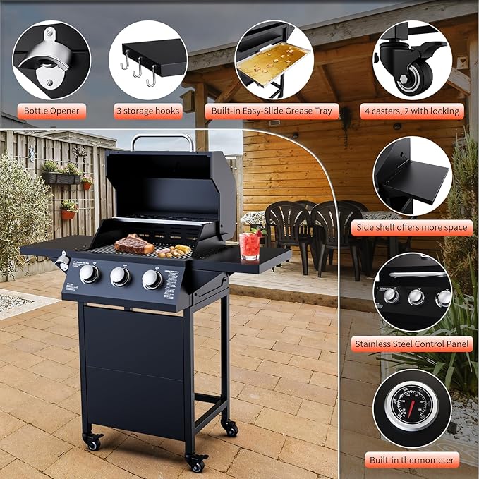 3 Burner Propane Grill, 30,000 BTU Propane Gas Grill with Two Side Tables, Stainless Steel Barbecue Grill, Outdoor Cooking BBQ for Patio, Camping, Backyard