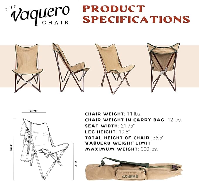CHAMA Vaquero Chair & Travel Bag - Navy and Bone- Beautiful Outdoor Wood and Canvas Portable Folding Chair Ideal for Camping, Patios, Lawns, or Indoor Use - Supports 300 lbs
