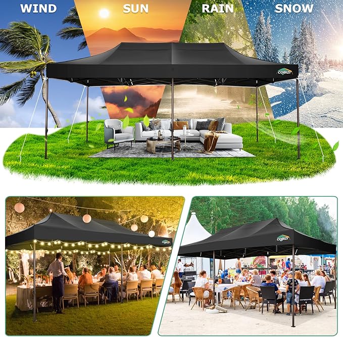 COBIZI 10x20 Pop Up Heavy Duty Canopy with Upgrated Hexagonal Legs, Easy up Tent for Party, Wedding and Commercial Event, Outdoor Canopy with Roller Bag, Sand Bags, Waterproof & UPF50+ (Black)