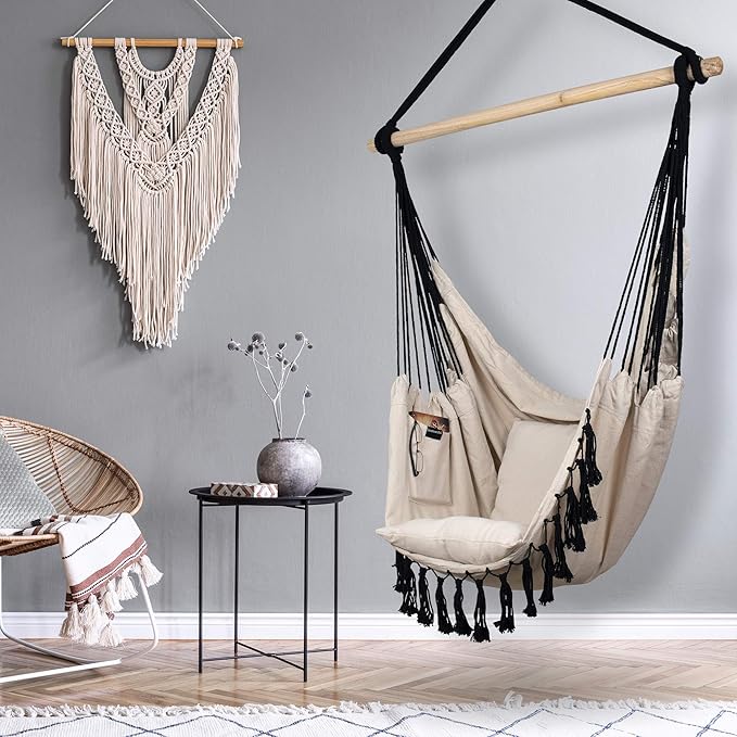 KOMOREBI Hammock Chair - Ivory Black - 60" x 47" - Hanging Rope Swing for Indoor & Outdoor - Soft & Durable Cotton Canvas - 2 Cushions Included - Large Macrame Hanging Chair for Bedroom, Patio, Porch