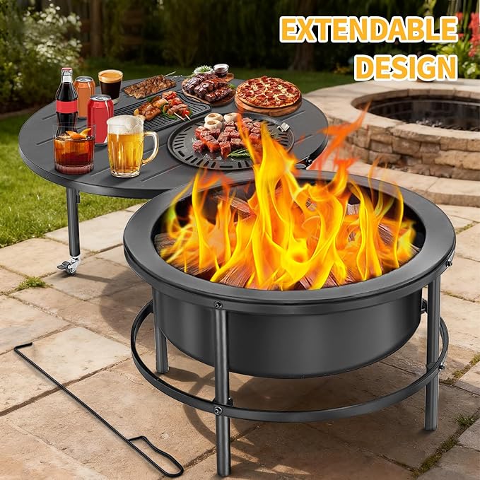 Fire Pits for Outside Wood Burning，3 in 1 Split Fire Pit with Rotating Table, Grill, Poker & Waterproof Cover, Portable Heavy Duty Steel Outdoor Firepit for Camping, Patio, Backyard