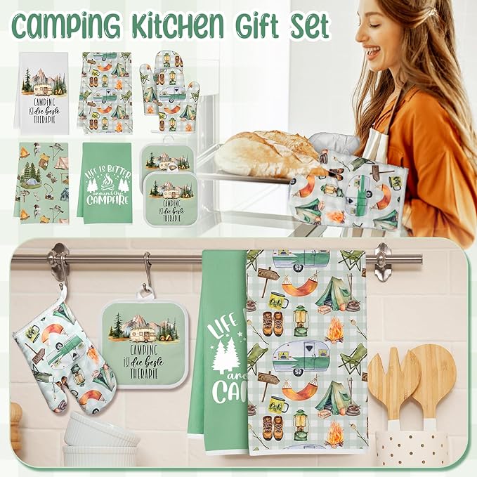8 Pcs Camping Kitchen Gift Dish Towel Pot Holder Oven Mitt Set 4 Bonfire Tent Car Tea Towels with Funny Sayings Novelty 2 Oven Mitts 2 Pot Holders Camping Accessories Decor for Rv Campers