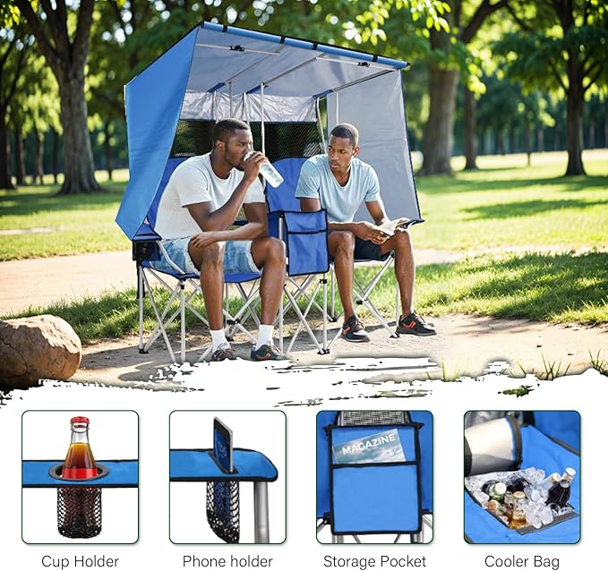 BESTHLS Double Canopy Camping Chair with Shade Folding Loveseat Chairs with Cup Holder Cooler Bag Organize Pouch for Camp Beach Sports Lawn Patio Outside (Blue)