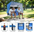BESTHLS Double Canopy Camping Chair with Shade Folding Loveseat Chairs with Cup Holder Cooler Bag Organize Pouch for Camp Beach Sports Lawn Patio Outside (Blue)