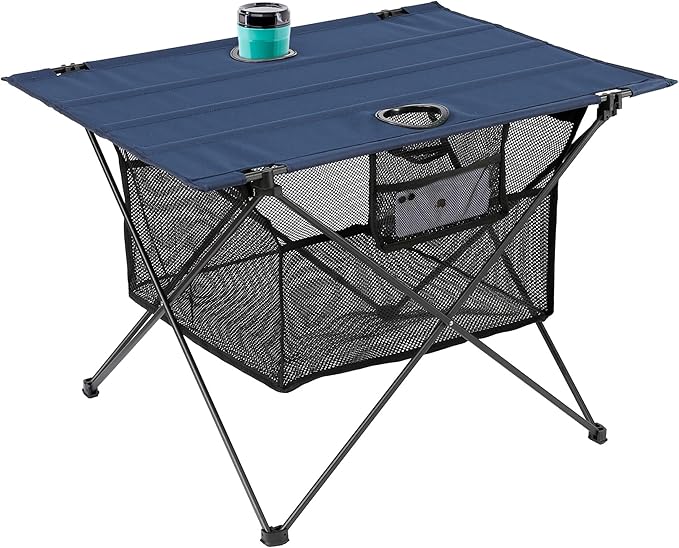 Lightweight Camping Table - Portable Folding Beach Side Table w/2 Cup Holders & Large Storage Basket, Compact Fold for Tailgate Travel Outdoor Fishing Picnic | 29.2" W x 21.7" D (Blue)
