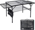 Folding Grill Table, 3x2 FT Portable Camping Table with 2 Wing Panels, Height Adjustable Metal Tables with Mesh Desktop and Mesh Bag, Outdoor Furniture for Camping, Picnic, Beach and BBQ, Black