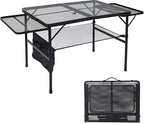 Folding Grill Table, 3x2 FT Portable Camping Table with 2 Wing Panels, Height Adjustable Metal Tables with Mesh Desktop and Mesh Bag, Outdoor Furniture for Camping, Picnic, Beach and BBQ, Black