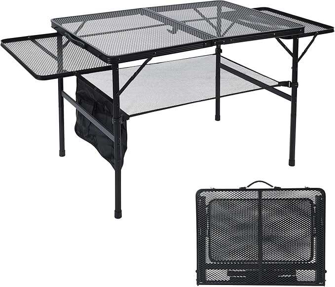 Folding Grill Table, 3x2 FT Portable Camping Table with 2 Wing Panels, Height Adjustable Metal Tables with Mesh Desktop and Mesh Bag, Outdoor Furniture for Camping, Picnic, Beach and BBQ, Black