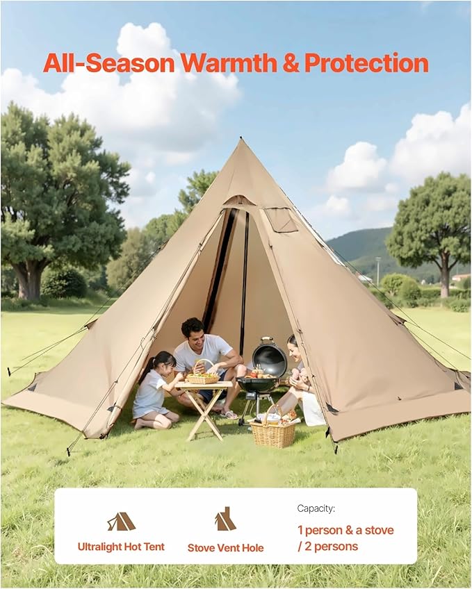 Hot Tent for 4-6 Person, Winter Tipi Tent with Stove Jack, Waterproof Canvas Camping Tent, 4 Season Shelter for Hiking Backpacking - L Size