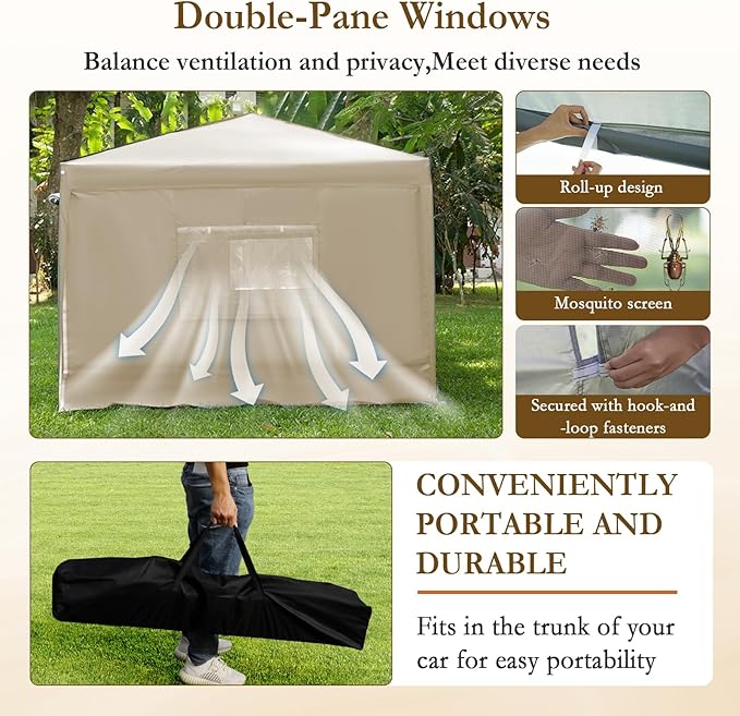 CYFIE 10'x10' Pop Up Canopy Tent with 4 Removable Sidewalls, Portable Instant Commercial Outdoor Canopy Gazebo with Stakes, Ropes, Sandbags for Outdoor Events, Beach, Camping, Vendor Events, Khaki