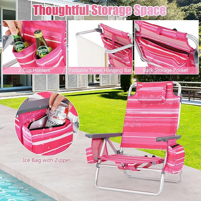 GYMAX Beach Chairs, Backpack Camping Chair with Armrest, Cooler Bag, Cup Holder, Towel Bar & Side Pockets, Sunbath Sling Tanning Lounge, Folding Layout Chair (4 Chairs Without Table, Pink Stripe)