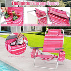 GYMAX Beach Chairs, Backpack Camping Chair with Armrest, Cooler Bag, Cup Holder, Towel Bar & Side Pockets, Sunbath Sling Tanning Lounge, Folding Layout Chair (4 Chairs Without Table, Pink Stripe)