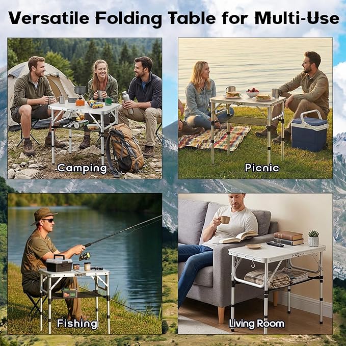 Folding Camping Table, Aluminum 24" x 16" Adjustable Height Max 27.5" with Carrying Handle, Lightweight, Portable Camping Table for Outdoor Indoor Picnic Beach, Silver