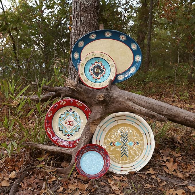 Paseo Road Spirit Valley 14 Piece Melamine Plastic Dinnerware Set with Plates, Bowls and Serving Platter, Southwestern Rustic Cabin Lodge Aztec Style