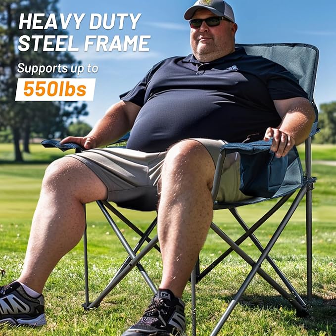 Timber Ridge Oversized Folding Camping Chair for Adults, Support 550 LBS Heavy Duty Chairs with Cup Holder Side Pocket for Camping, Lawn, Picnic, 2 Pack(Grey)