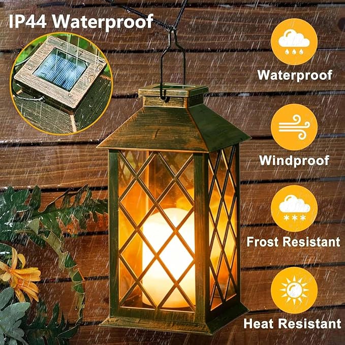 Solar Lanterns Outdoor Waterproof, 2 Pack Glass Hanging Solar Lights with Flickering Flameless Candle, Outdoor Lanterns for Patio Wall Porch Table Garden Yard Tree, Gift for Women Mom - Bronze
