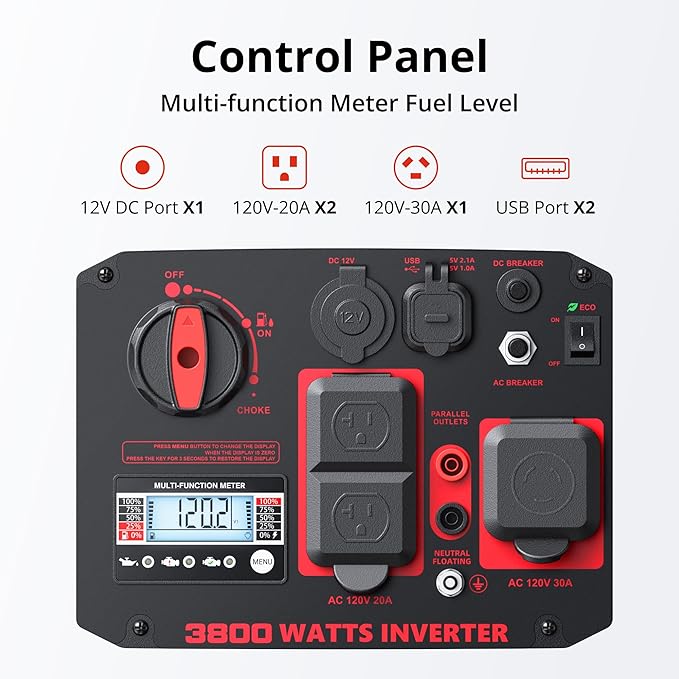 3800W Portable Inverter Generator, Gas Powered with CO Sensor, Digital Display, Super Quiet and Lightweight Generator for Camping, Home Emergency Use, Tailgating, RV Ready, EPA Compliant