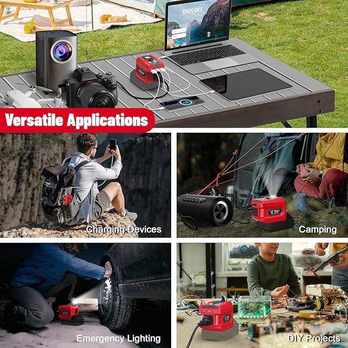 220W Azocek Power Inverter Compatible with Milwaukee 18V Battery, DC 18V to AC 110V Portable Power Station with 1 AC Outlet, 2 USB Ports & 1 Type-C Fast Charging, 400LM LED Work Light
