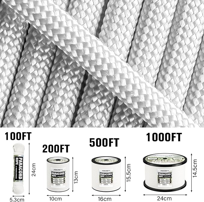 Paracord Rope 750 - Parachute para Cord 4mm 11 Strand Spool Rope Utility Nylon String for Outdoor Camping Survival Utility Tent Crafting DIY Projects - White 1000ft