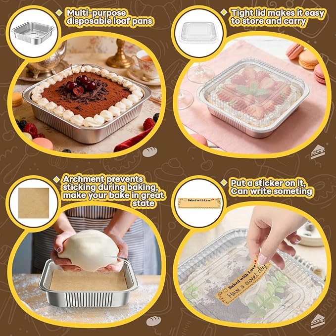 30 Pack Disposable Aluminum Foil Loaf Pans with Lids Stickers and Parchment Paper Sheets-8" X 8" Disposable Square Baking Cake Pans-Aluminum Foil Tins Portable Food Containers Kit