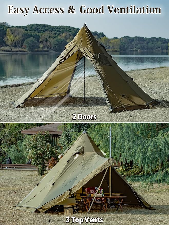 TOMOUNT Hot Tent, Tipi Teepee Tent with Stove Jack, 70D Ripstop Nylon, PU3000mm, Waterproof Lightweight for 2-4 Person, 4 Season Backpacking Hunting Hiking