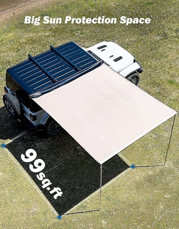 JOYTUTUS Vehicle Awning 8.2'x10' Roof Rack Pull-Out Sun Shade UV50+, Weatherproof 4x4 Side Awning for Camping, Car Sunshade with Adjustable Hardware, Quick Set-up, SUV/Truck/Van/Jeep