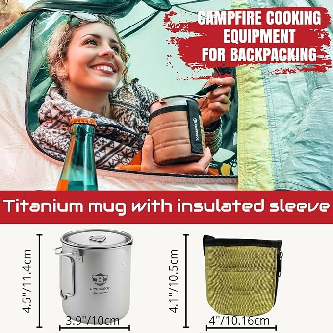 Bestargot Camping Titanium Pot, 750ml Outdoor Cup with Insulation Cup Carrier, Titanium Camping Drinkware, 132g Lightweight and Large Capacity
