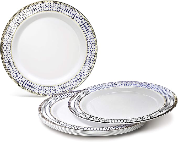 OCCASIONS 240 Piece Heavy Duty Disposable Plastic Plates Set for 120 Guests – Includes 10.5" Dinner & 7.5" Dessert Plates, Elegant Party Plates for Weddings, Events, Odyssey in Blue & Gold Rim.