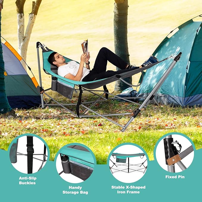 Portable Folding Hammock w/Side Pocket, Lounge Camping Bed w/Metal Stand & Anti-tip Buckles, Outdoor Camping Hammock with Carrying Bag for Patio Garden Yard, Easy Assembly (Turquoise)