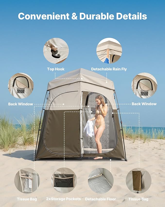 VEVOR Camping Shower Tent, 2-Room Foldable Portable Privacy Tent Changing Room with Ground Stakes, Ropes, and Carry Bag, 150D Oxford Fabric with Silver Coating, for Camping, Beach, and Fishing