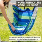 Hammock Chair Hanging Swing Include 2 Cushions and Hardware Kits, Max 330Lbs, XL Hanging Chair for Indoor Outdoor Patio Yard - Blue & Green Stripe