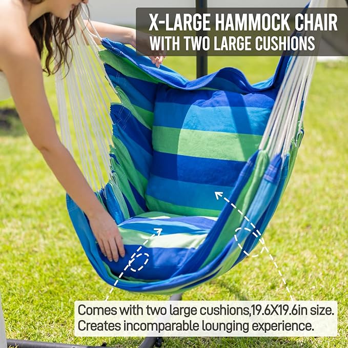 Hammock Chair Hanging Swing Include 2 Cushions and Hardware Kits, Max 330Lbs, XL Hanging Chair for Indoor Outdoor Patio Yard - Blue & Green Stripe
