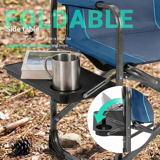 Overmont Oversized Lightweight Camping Chair - Portable Comfortable Heavy Duty Foldable Directors Chairs with Side Table & Cooler Bag for Outside Camp Beach Picnic Lawn and Fishing Supports 400lbs