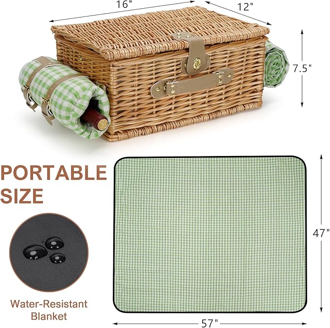 Picnic Basket for 2, Insulated Willow Picnic Baskets with Shoulder Strap, Picnic Hamper with Waterproof Picnic Blanket, Handmade Wicker Hamper for Outdoor Camping, Green Check