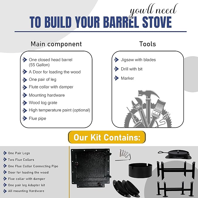Double Barrel Stove Kit – Perfect For 30 to 55 Gal Drum Wood Stove Kit - Heavy Duty Steel Barrel Camp Stove Kit w/Stove Door - DIY Oil Barrel Stove Kit Heat for Winters in Workshop, Cabin, Garage