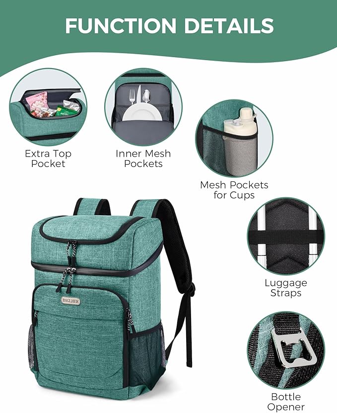 BAGLHER Lightweight Insulated Cooler Backpack - 30 Cans, Leak-Proof for Lunch, Picnic, Hiking, Camping Trips