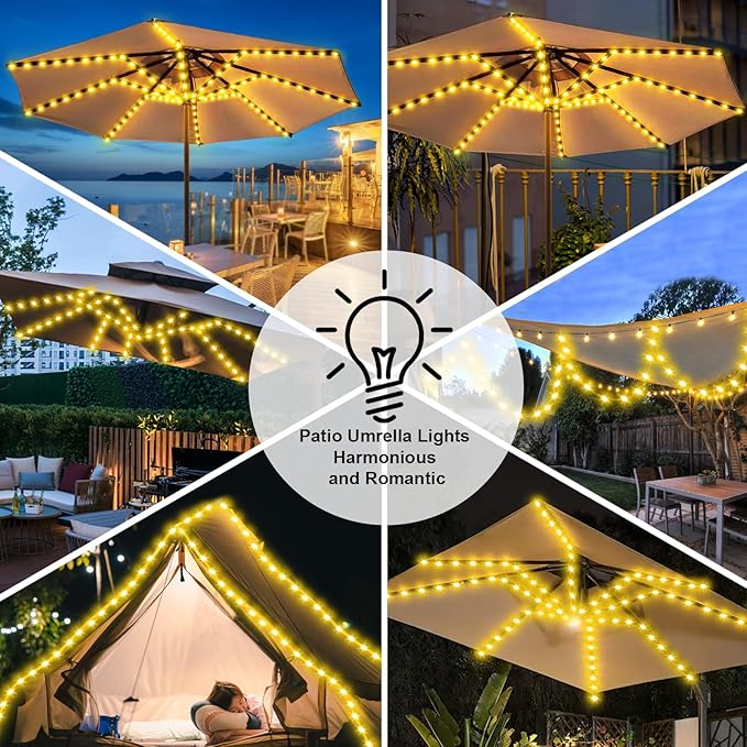 ZNYCYE Patio Umbrella Solar Lights with 8 Lighting Modes - Upgraded Larger Solar Panel Clip 5V 152 LEDs Umbrella Lights Outdoor Waterproof for Patio Beach Tent Camping Garden Decor, Warm White