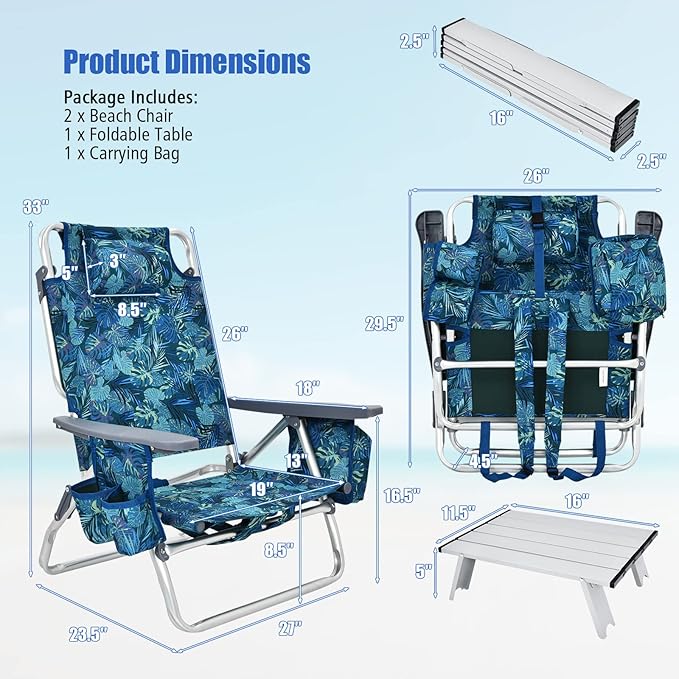 Tangkula 2 Pack with Table Beach Chairs, 5-Position Adjustable, Lightweight Folding, Navy