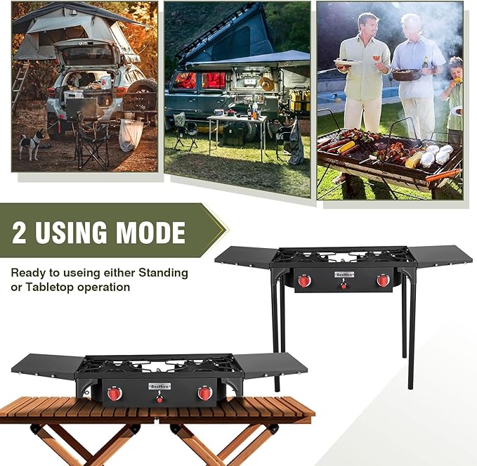 Bestfire 2 Burner Propane Camping Stove,150,000 BTU,Exclusive One-Touch Auto Ignition (Safer & Convenient),2 Side Shelves,CSA-Certified,30s Tool-Free Setup,Portable for Camping, Estufa De Gas Portatil
